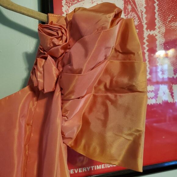 Vintage 80s Peach Ombre Poofy High Low Fit and Flare 3D Floret Prom Dress - Picture 4 of 13